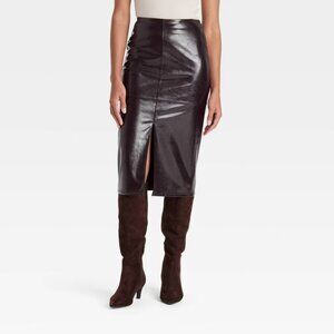 NWT A New Day Women's Brown Faux Leather Midi Skirt Side Zip Slit Front
